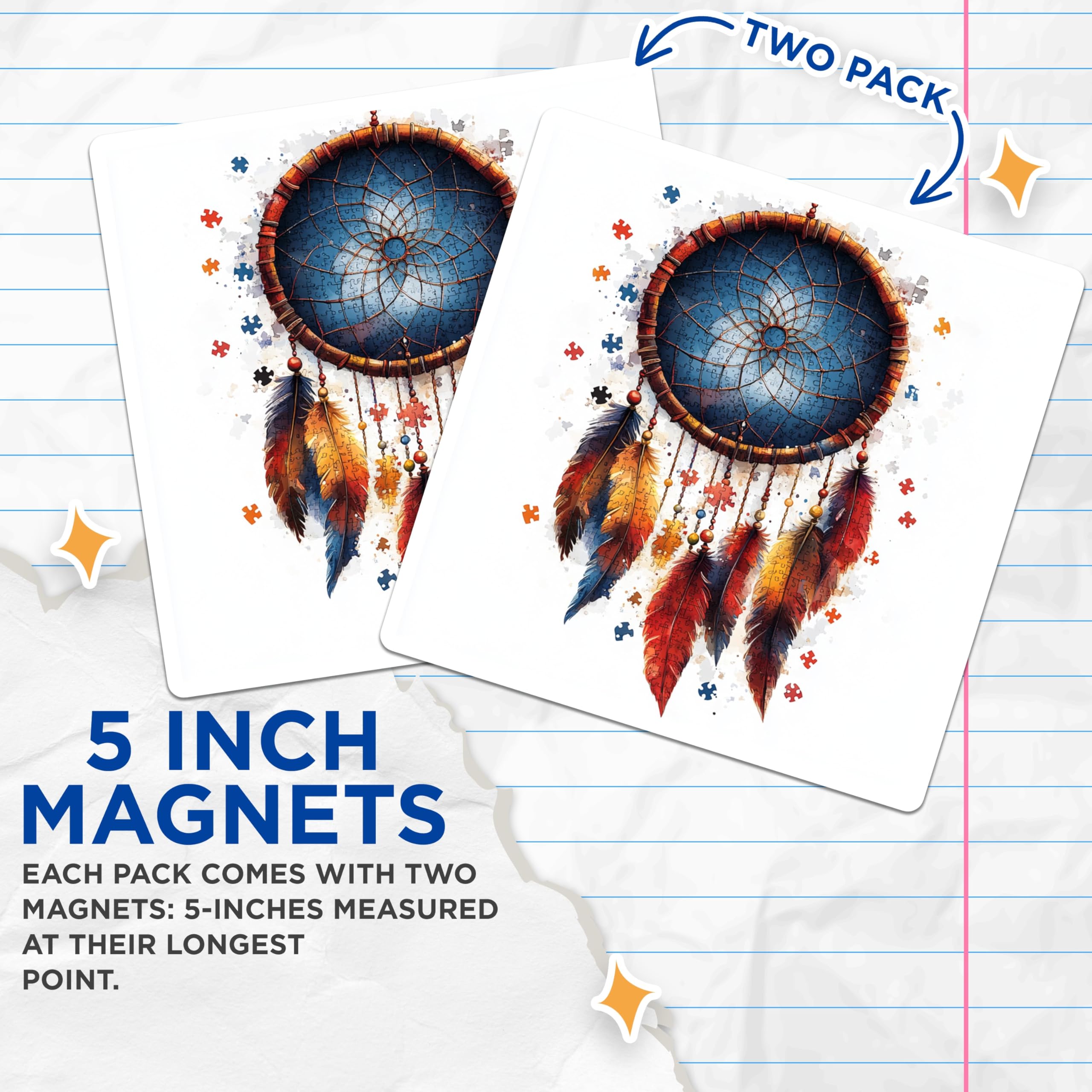 (2 Pack) Dreamcatcher Puzzle Magnets - Boho Feathers Art - Symbolic Decor for Home - 5 Inches On Longest Side - Thick Durable Magnet - Made in USA - MAG29126