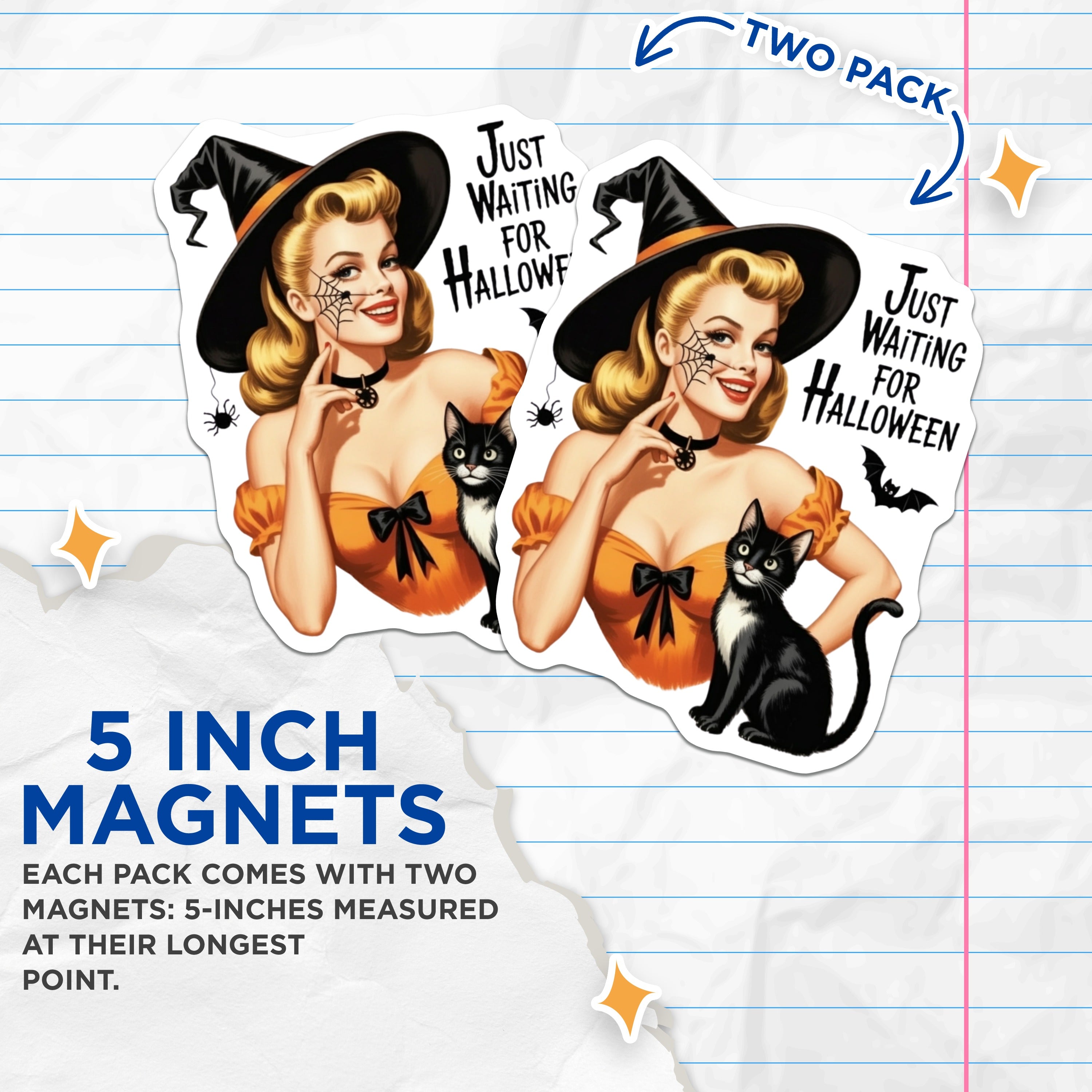 (2 Pack) Retro Pinup Witch Magnets - Just Waiting for Halloween Decor - Black Cat Spooky Fridge Locker Accent - 5 Inches On Longest Side - Thick Durable Magnet - Made in USA - MAG37836