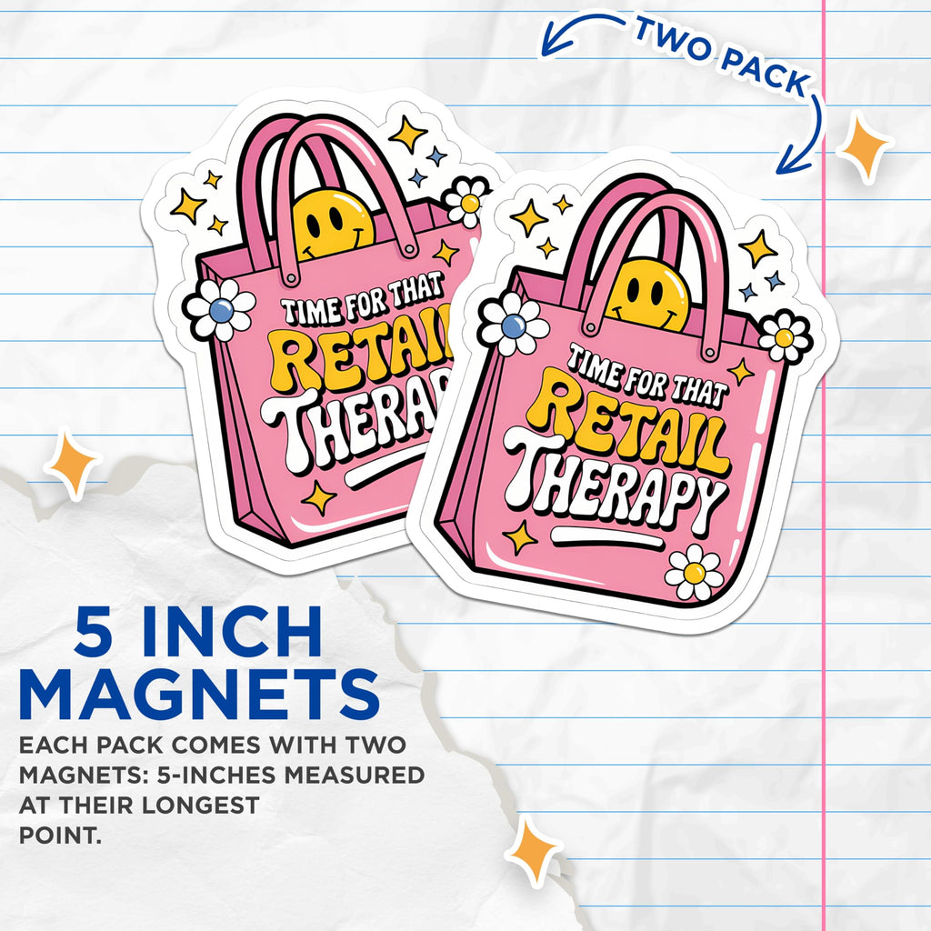(2 Pack) Retail Therapy Magnets - Cute Groovy Shopping Bag Smiley Face - Aesthetic Fridge Locker Whiteboard Decor Magnet - 5 Inches On Longest Side - Thick Durable Magnet - Made in USA - MAG22230