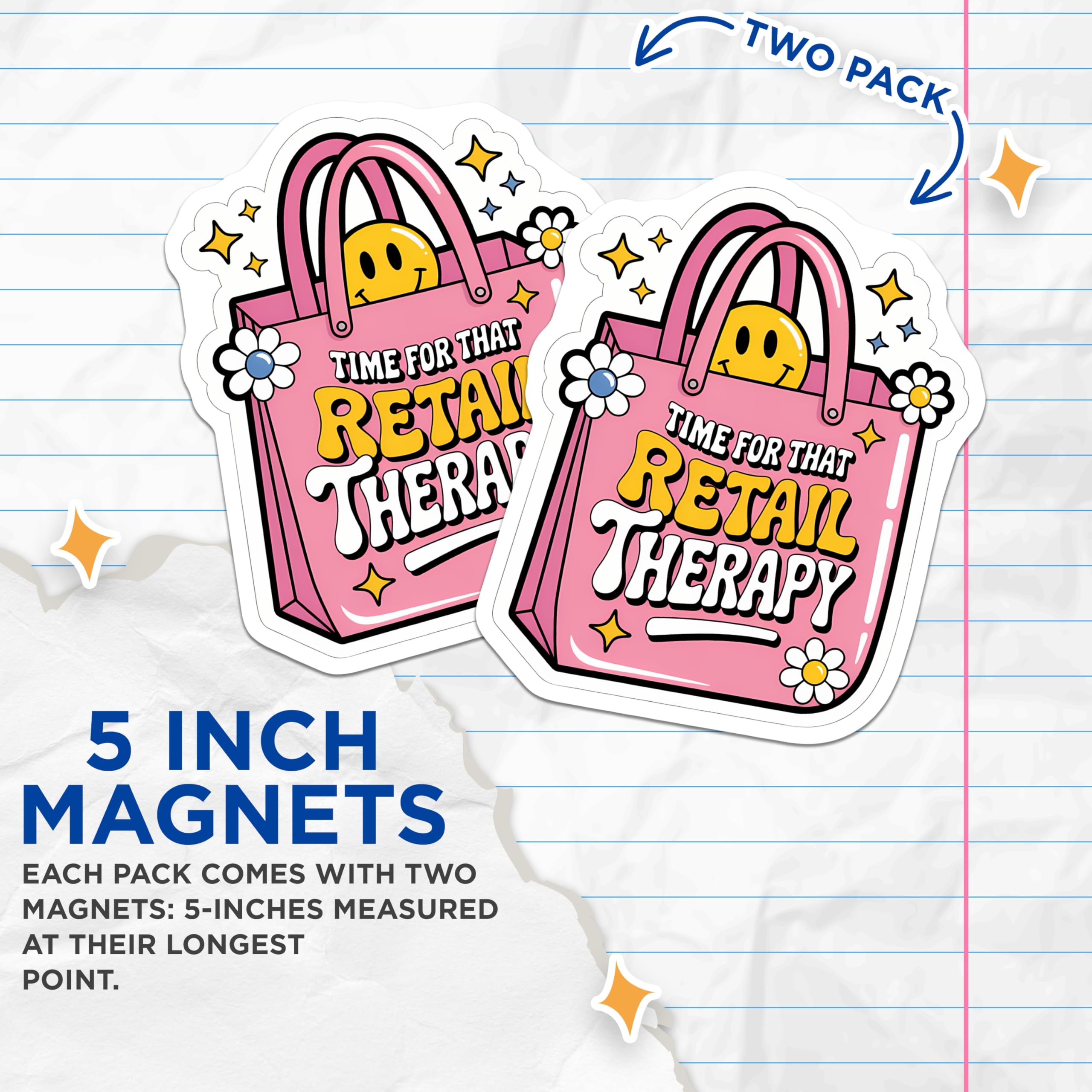 (2 Pack) Retail Therapy Magnets - Cute Groovy Shopping Bag Smiley Face - Aesthetic Fridge Locker Whiteboard Decor Magnet - 5 Inches On Longest Side - Thick Durable Magnet - Made in USA - MAG22230