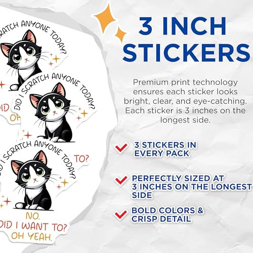 (3 Pack) Funny Cat Decals - Sarcastic Kitten - Laptop Decal - 3 Inches On Longest Side - Easy Peel & Apply - Made in USA - 3MCS6100