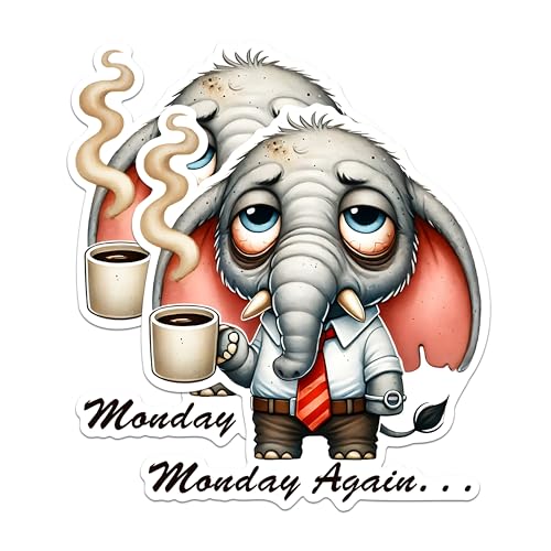 (2 Pack) Monday Again Elephant Magnets - Cute Coffee Lover Elephant Magnets - Funny Office Decor Magnets- 5" On Longest Side - for Fridges, Toolboxes, Cars - Made in USA - MAG2775