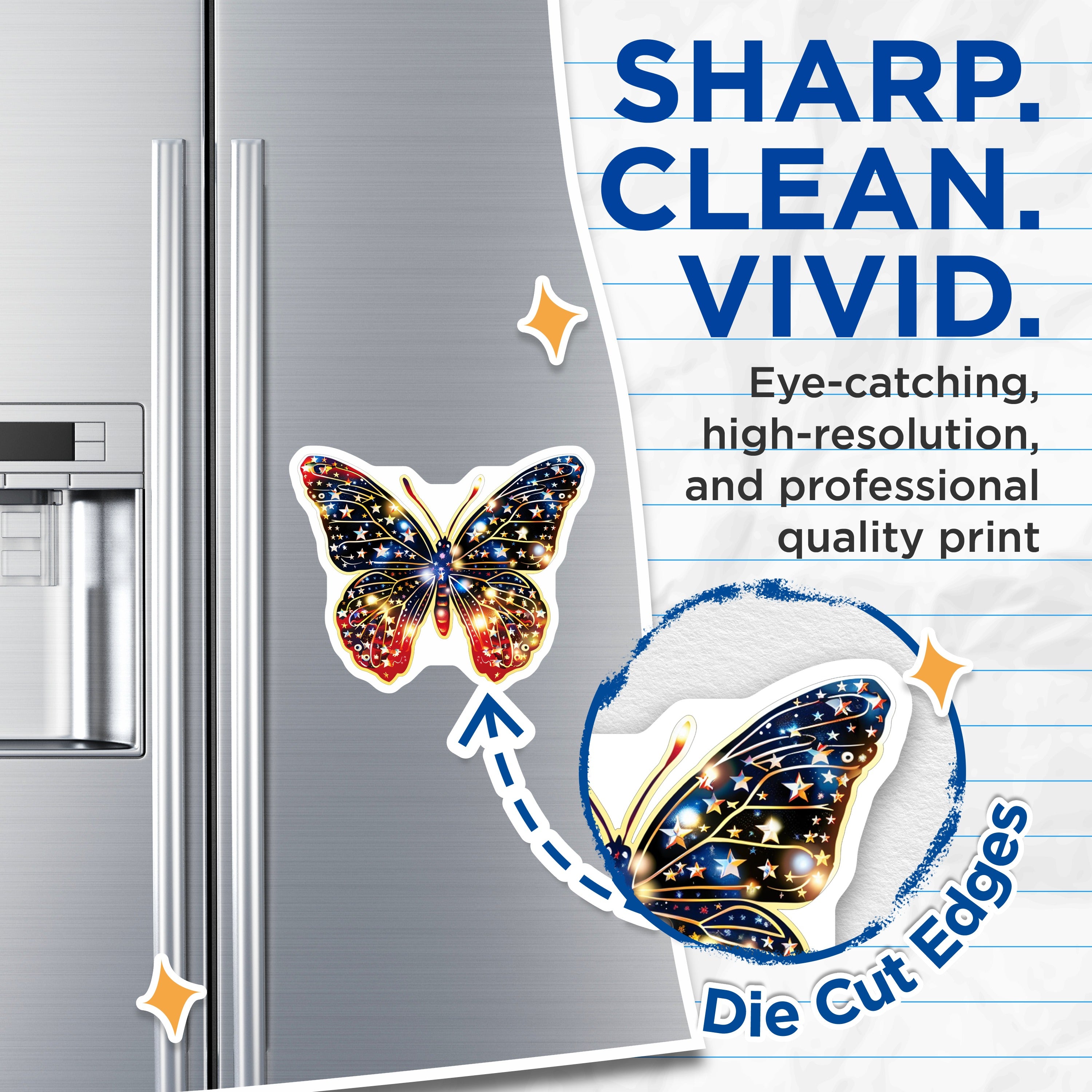 (2 Pack) Starry Butterfly Magnets - Celestial Galaxy Decor - Patriotic Red White Blue Fridge Display - 5 Inches On Longest Side - Thick Durable Magnet - Made in USA - MAG37148