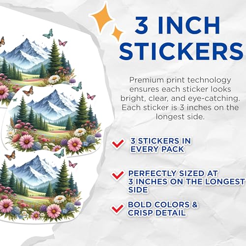(3 Pack) Mountain Butterfly Decals - Floral Laptop Decal - Nature Decal Set - 3 Inches On Longest Side - Easy Peel & Apply - Made in USA - 3MCS1164