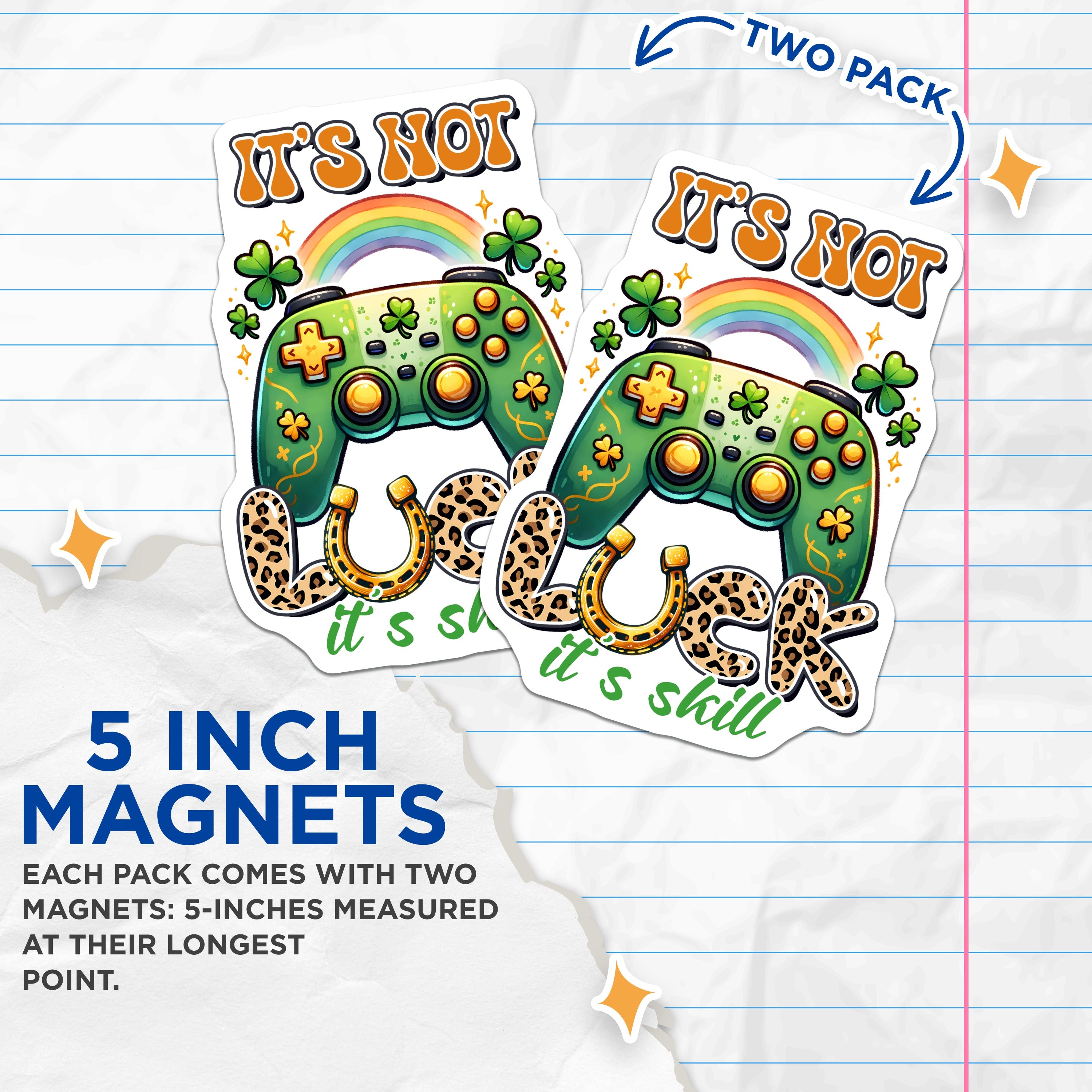 (2 Pack) St Patricks Day Gamer Magnets - Controller Skill Quote - Funny Gaming Player Refrigerator Decor - 5 Inches On Longest Side - Thick Durable Magnet - Made in USA - MAG38377