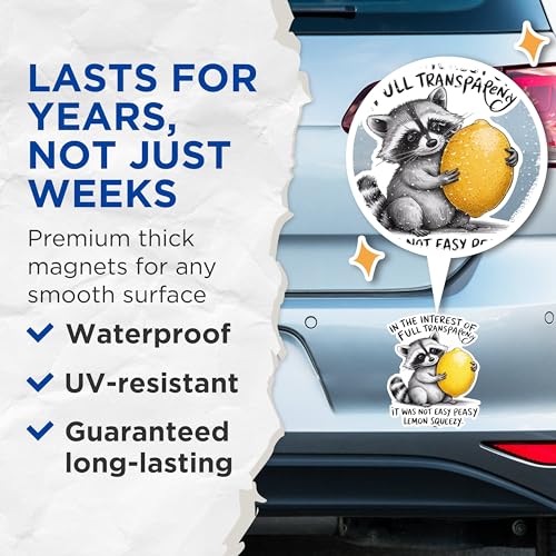 (2 Pack) Funny Raccoon Holding Lemon Magnets - Humor Kitchen Decor Magnets - Cute Animal Refrigerator Magnets- 5" On Longest Side - for Fridges, Toolboxes, Cars - Made in USA - MAG3013