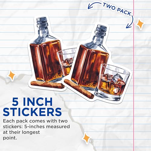 (2 Pack) Whiskey and Cigar Stickers - Drink Lover - Cocktail Bar Decor - 5" On Longest Side - Sticks to Smooth Flat Surfaces - Made in USA - BMCS6887