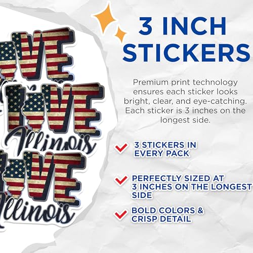 (3 Pack) Love Illinois Decals - USA Flag Decal - Patriotic Illinois Decal - 3 Inches On Longest Side - Easy Peel & Apply - Made in USA - 3MCS0304