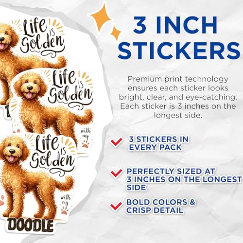 (3 Pack) Golden Doodle Decals - Life is Golden Stickers - Laptop Decals - 3 Inches On Longest Side - Easy Peel & Apply - Made in USA - 3MCS0886