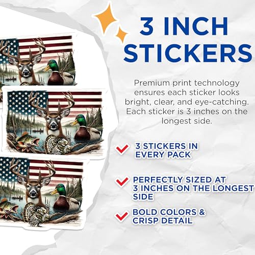 (3 Pack) American Wildlife Decals - Patriotic Deer - Duck Turkey Fish Stickers - 3 Inches On Longest Side - Easy Peel & Apply - Made in USA - 3MCS7418