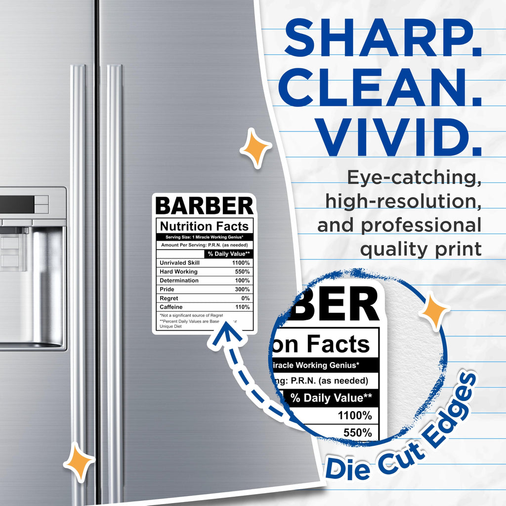 (2 Pack) Barber Nutrition Facts Magnets - Funny Barber Shop Magnet - Hairdresser Magnet - 5" On Longest Side - Premium Magnet - for Cars, Refrigerators, Toolboxes, Lockers - Made in USA - MAG16240