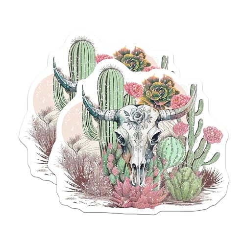 (2 Pack) Skull Cactus Stickers - Western Desert Theme - Succulent Plant Stickers - 5" On Longest Side - Sticks to Smooth Flat Surfaces - Made in USA - BMCS6323