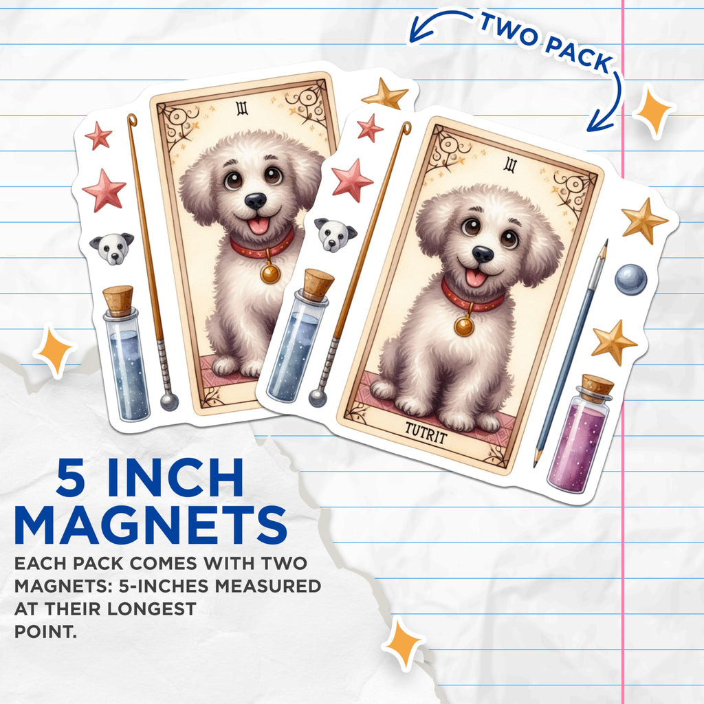 (2 Pack) Cute Fluffy Puppy Magnets - Whimsical Dog Tarot Card Design - Magical Refrigerator Decor for Pet Lovers - 5 Inches On Longest Side - Thick Durable Magnet - Made in USA - MAG21555