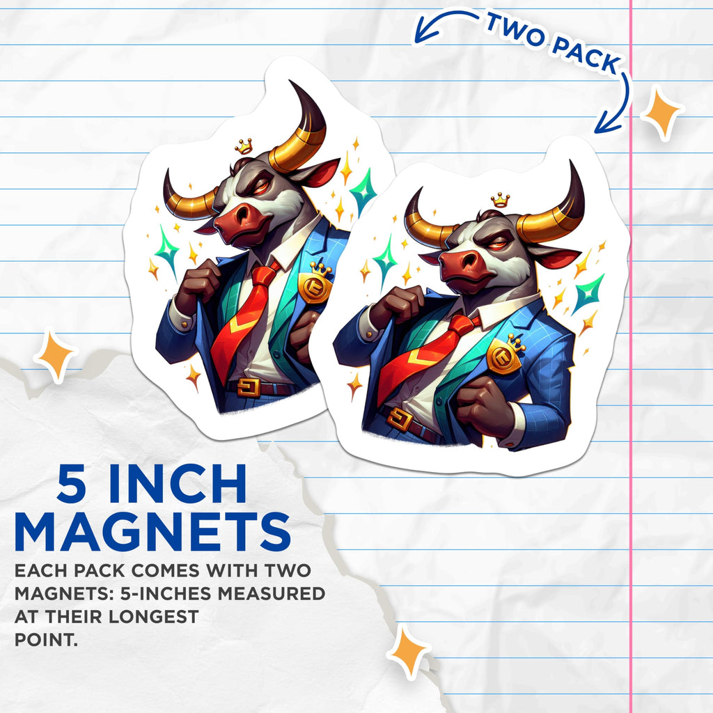 (2 Pack) Golden Horn Bull Magnets - Executive Financial Decor - Dapper Animal Character - Refrigerator Home Office Art Accent - 5 Inches On Longest Side - Thick Durable Magnet - Made in USA - MAG22666