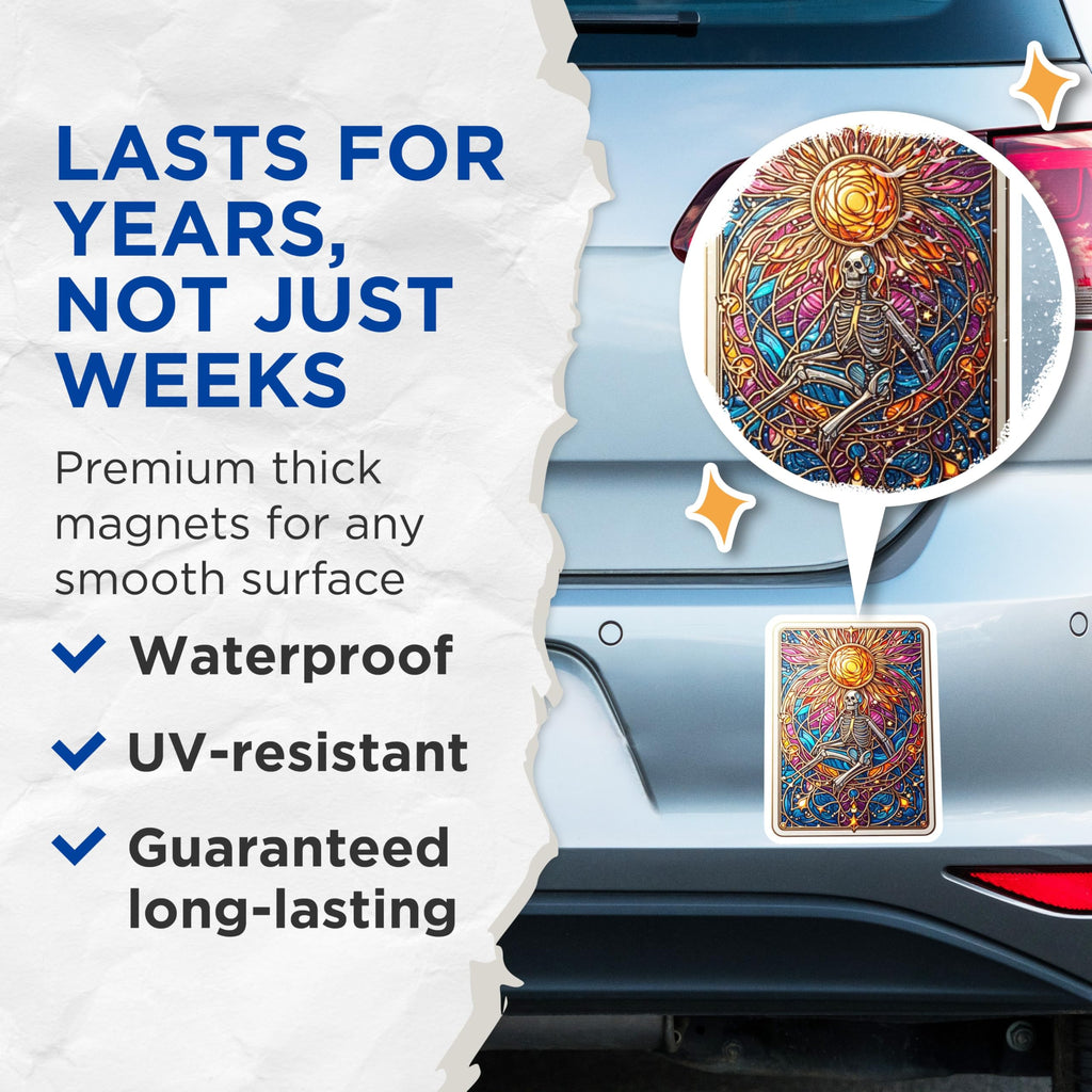 (2 Pack) Stained Glass Skeleton Magnets - Mystical Sun Art - Vibrant Cosmic Decor - 5 Inches On Longest Side - Thick Durable Magnet - Made in USA - MAG21042