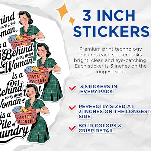 (3 Pack) Laundry Woman Decals - Retro Housewife Art - Funny Mom Decals - 3 Inches On Longest Side - Easy Peel & Apply - Made in USA - 3MCS1732