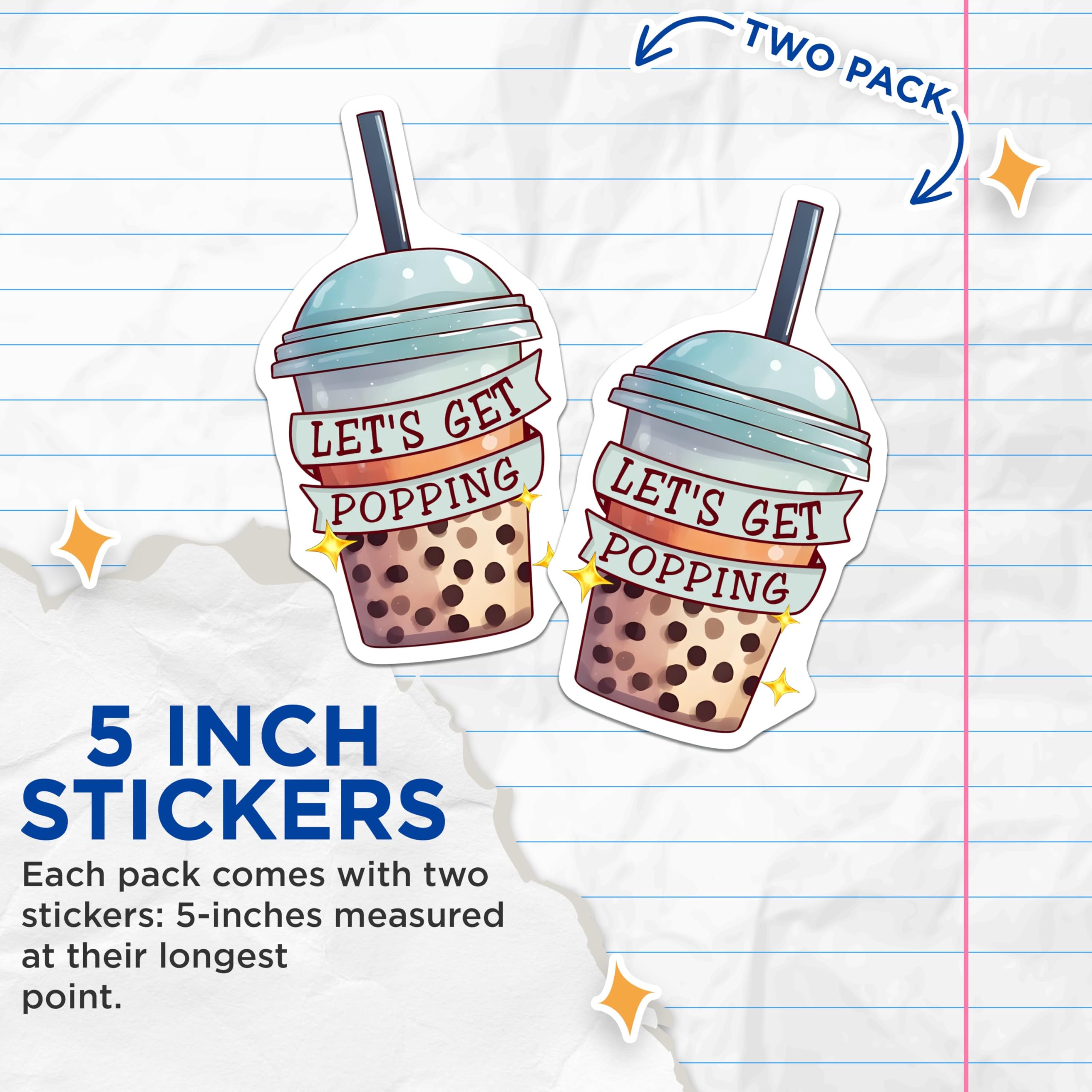 (2 Pack) Boba Tea Stickers - Let's Get Popping - Cute Bubble Tea - Kawaii Drink - Fun ''' ''' - 5" On Longest Side - Sticks to Smooth Flat Surfaces - Made in USA - BMCS7752