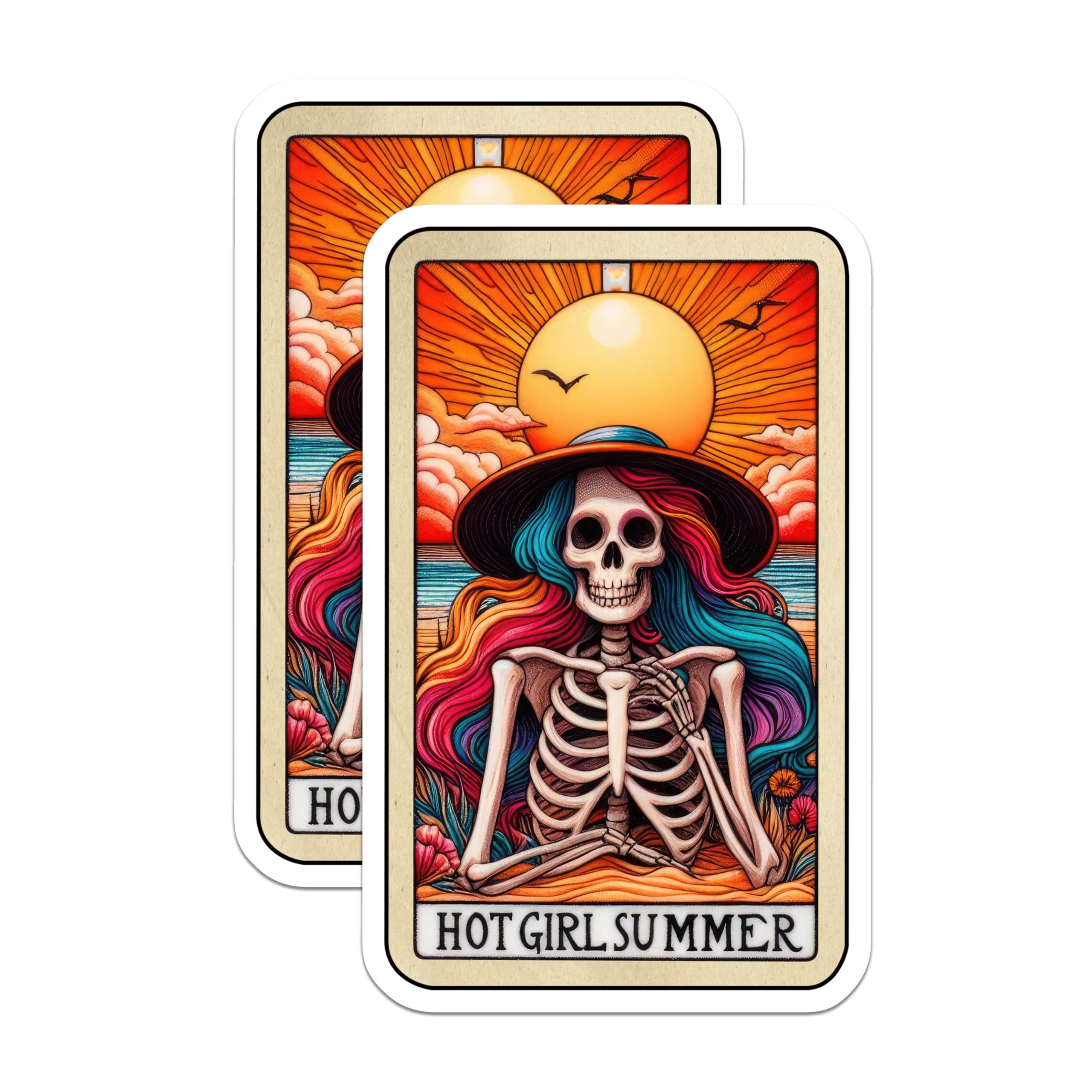 (2 Pack) Hot Girl Summer Stickers - Skeleton Art Stickers - Colorful Beach Summer Stickers - 5" On Longest Side - Sticks to Smooth Flat Surfaces - Made in USA - BMCS5071