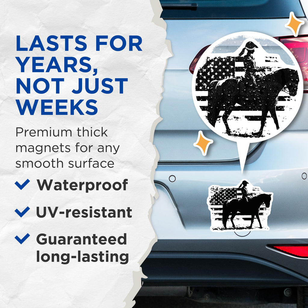 (2 Pack) Horse Rider American Flag Magnets - Patriotic Equestrian Cowgirl Decor - Rodeo Barrel Racing Fridge Magnets - 5 Inches On Longest Side - Thick Durable Magnet - Made in USA - MAG36926