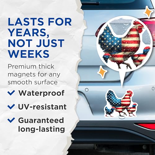 (2 Pack) Patriotic Rooster Magnets - American Flag Design - Chicken Decor - Farmhouse Tractor Decor - 5" On Longest Side - for Cars, Fridges, Toolboxes - Made in USA - MAG7230