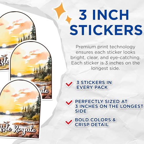 (3 Pack) Isle Royale Decals - Michigan Travel - National Park Stickers - 3 Inches On Longest Side - Easy Peel & Apply - Made in USA - 3MCS0410