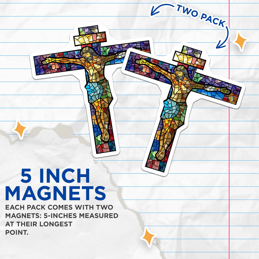 (2 Pack) Stained Glass Jesus Magnets - Christian Cross Religious Devotional Art Fridge Locker - Catholic Faith Decor Accent - 5" - Durable Magnet - Made in USA - MAG38297
