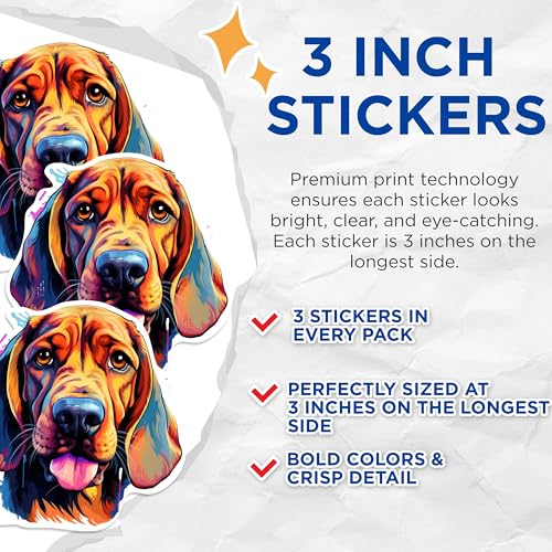 (3 Pack) Bloodhound Decals - Colorful Dog Stickers - Laptop Decal Art - 3 Inches On Longest Side - Easy Peel & Apply - Made in USA - 3MCS0655