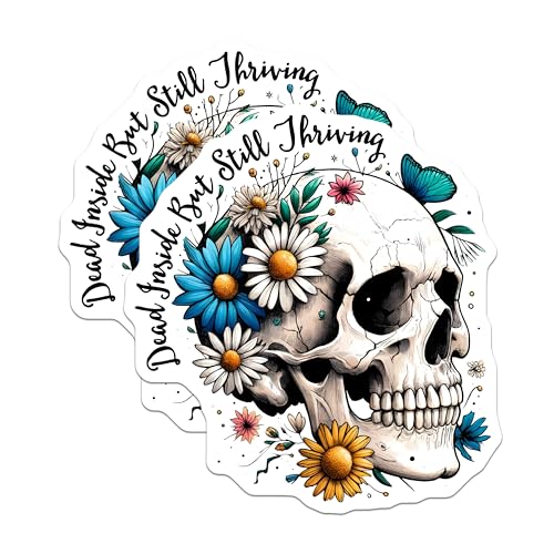 (2 Pack) Dead Inside But Still Thriving Stickers - Skull and Flowers Decal - 5" On Longest Side - Sticks to Smooth Flat Surfaces - Made in USA - BMCS7388