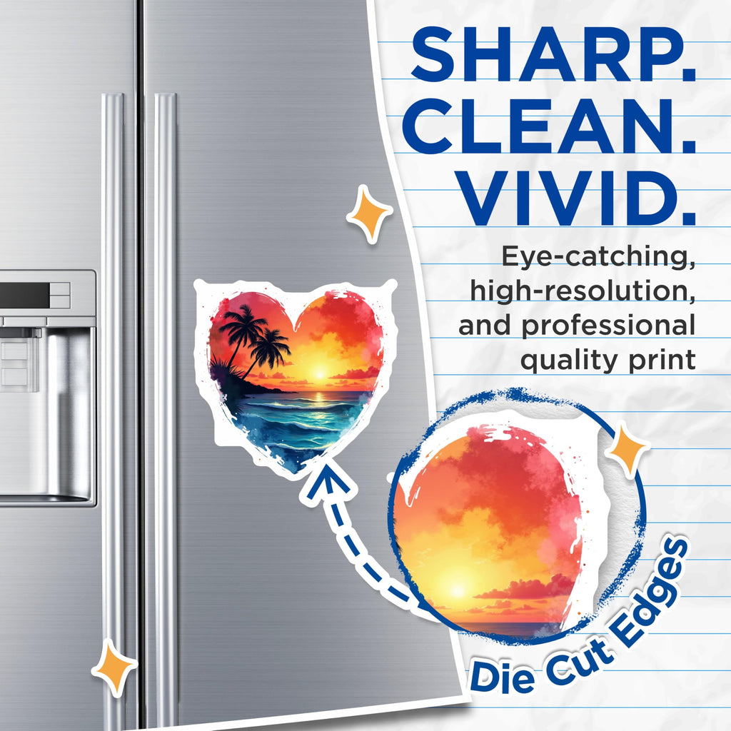 (2 Pack) Beach Sunset Magnets - Heart Shaped Tropical Ocean Scene - Palm Tree Island Artwork for Refrigerator Whiteboard - 5 Inches On Longest Side - Thick Durable Magnet - Made in USA - MAG25273