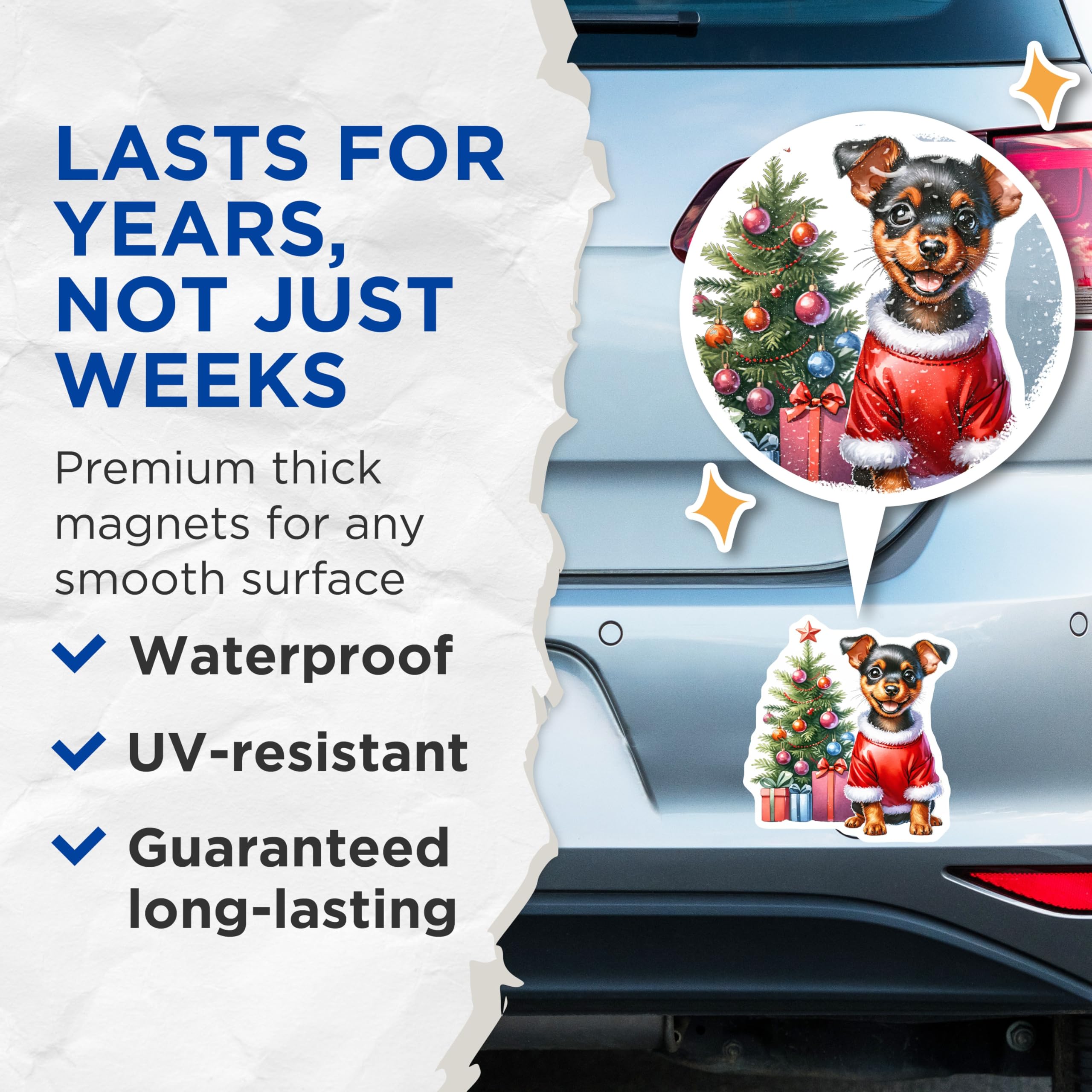 (2 Pack) Christmas Puppy Magnets - Santa Dog Holiday Decor - Festive Winter Animal Scene - Refrigerator Locker Accent - 5 Inches On Longest Side - Thick Durable Magnet - Made in USA - MAG23481