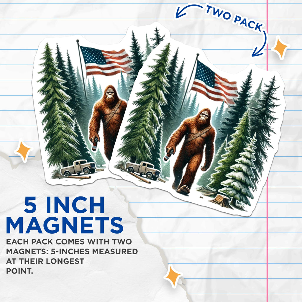 (2 Pack) American Bigfoot Magnets - Patriotic Sasquatch Winter Forest - USA Flag Cryptid Truck Scene - 5 Inches On Longest Side - Thick Durable Magnet - Made in USA - MAG20971