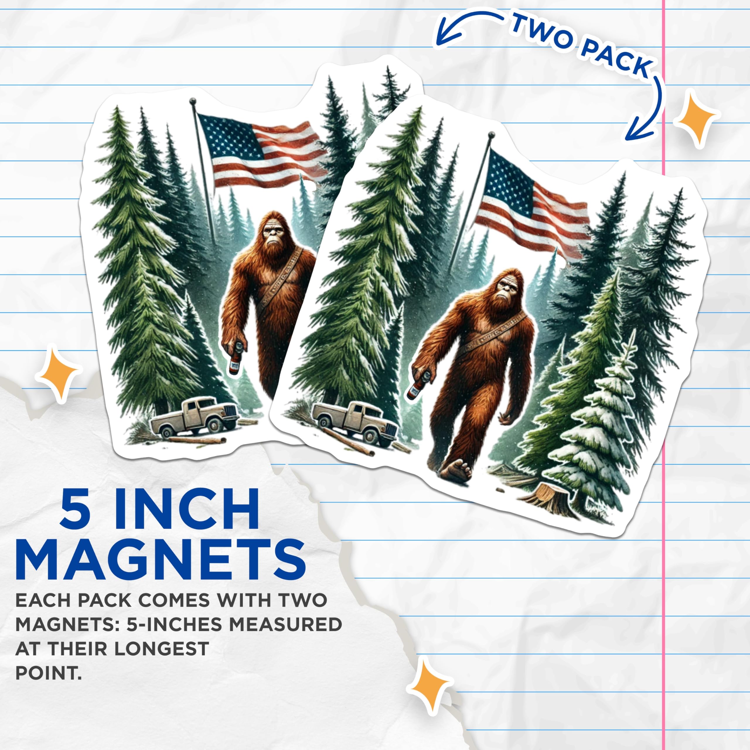 (2 Pack) American Bigfoot Magnets - Patriotic Sasquatch Winter Forest - USA Flag Cryptid Truck Scene - 5 Inches On Longest Side - Thick Durable Magnet - Made in USA - MAG20971