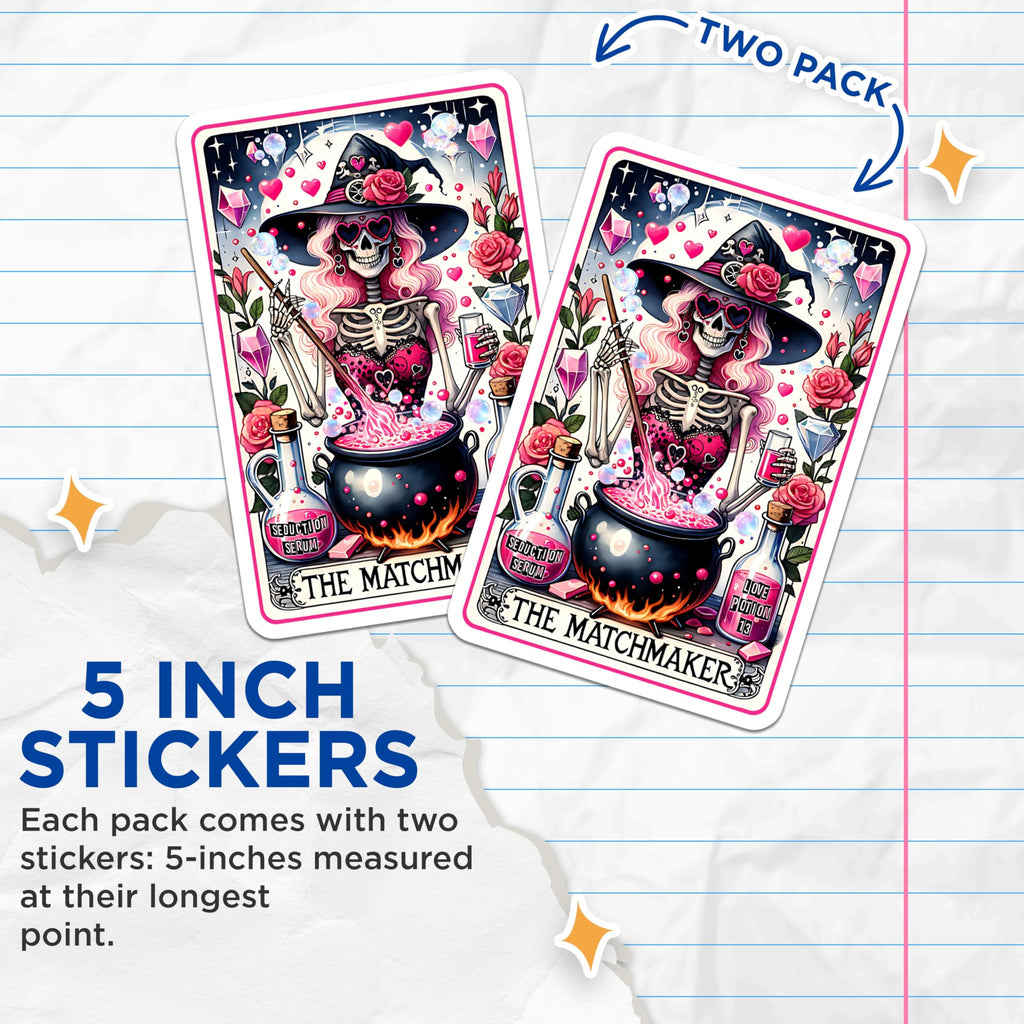 (2 Pack) Halloween Witch Skeleton Stickers - Skull Love Potion Decals - Spooky Matchmaker Art Stickers - 5" On Longest Side - Sticks to Smooth Flat Surfaces - Made in USA - BMCS5164