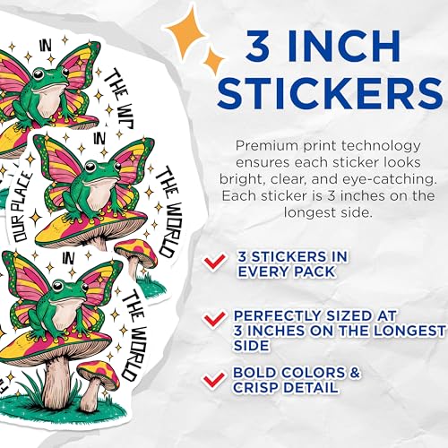 (3 Pack) Frog with Butterfly Wings Decals - Mushroom - Laptop Decal - Find Your Place in The World - 3 Inches On Longest Side - Easy Peel & Apply - Made in USA - 3MCS2543