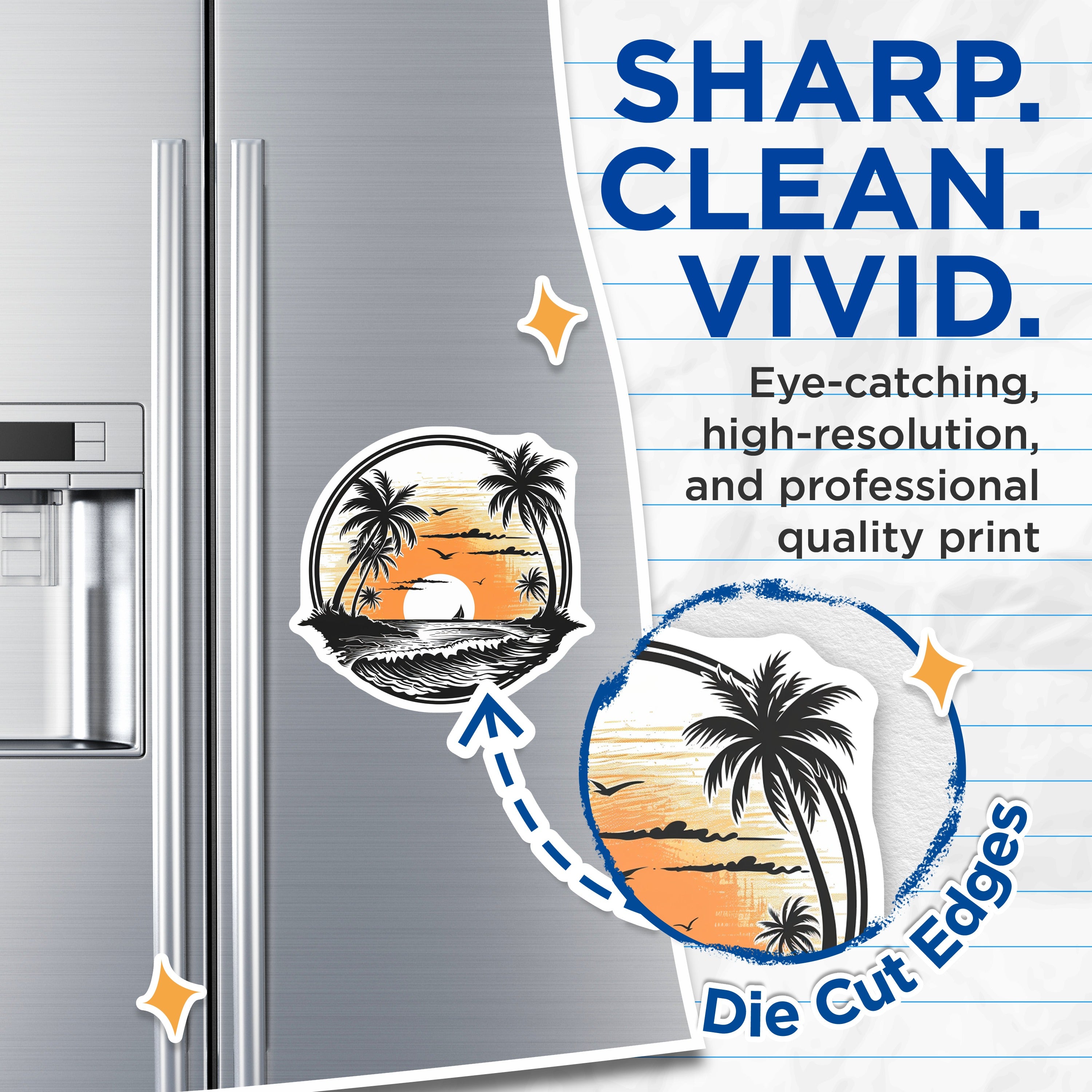 (2 Pack) Tropical Sunset Beach Magnets - Palm Tree Ocean Scene - Vacation Theme Fridge Decor - 5 Inches On Longest Side - Thick Durable Magnet - Made in USA - MAG37287