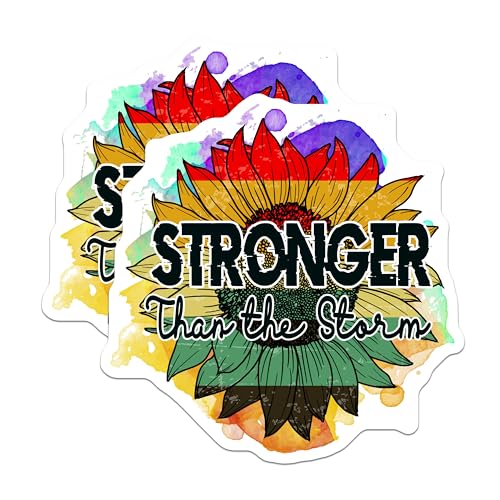 (2 Pack) Stronger Than The Storm Stickers - Motivational Quote Sticker - Inspirational Sunflower Art - 5" On Longest Side - Sticks to Smooth Flat Surfaces - Made in USA - BMCS5686