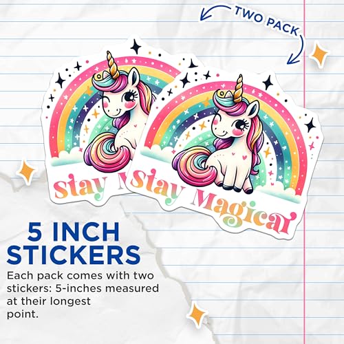 (2 Pack) Cute Unicorn Stickers - Stay Magical - Rainbow Unicorn Decal Decoration - 5" On Longest Side - Sticks to Smooth Flat Surfaces - Made in USA - BMCS8072