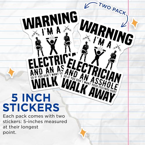 (2 Pack) Warning Electrician Stickers - Funny Work Sticker - Electrical Humor - 5" On Longest Side - Sticks to Smooth Flat Surfaces - Made in USA - BMCS6319