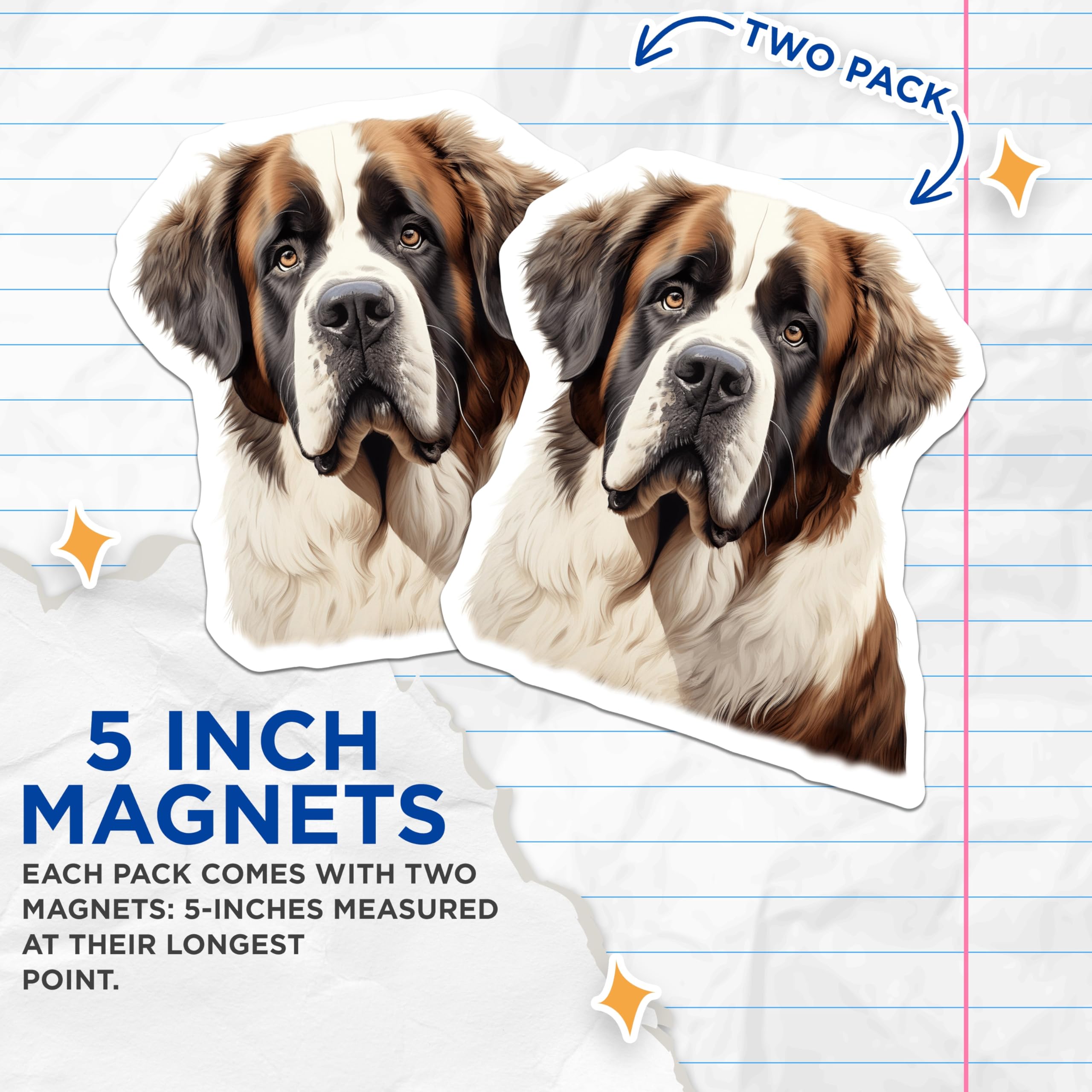 (2 Pack) Saint Bernard Magnets - Dog Lover Home Decor - Large Breed Pet Appreciation - Animal Portrait Refrigerator Accessory - 5 Inches On Longest Side - Thick Durable Magnet - Made in USA - MAG30440