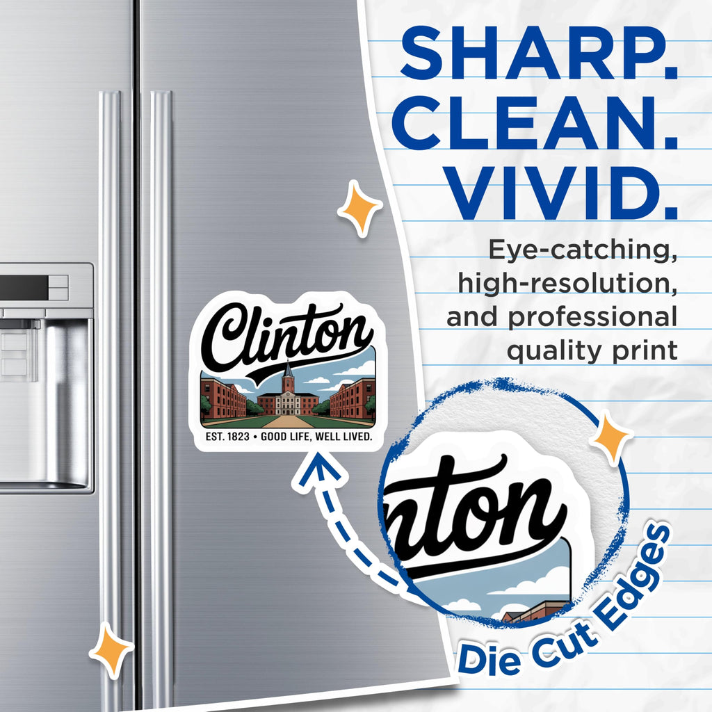 (2 Pack) College Town Magnets - Clinton Landmark - Campus Souvenir - 5" On Longest Side - Premium Magnet - for Cars, Refrigerators, Toolboxes, Lockers - Made in USA - MAG18760
