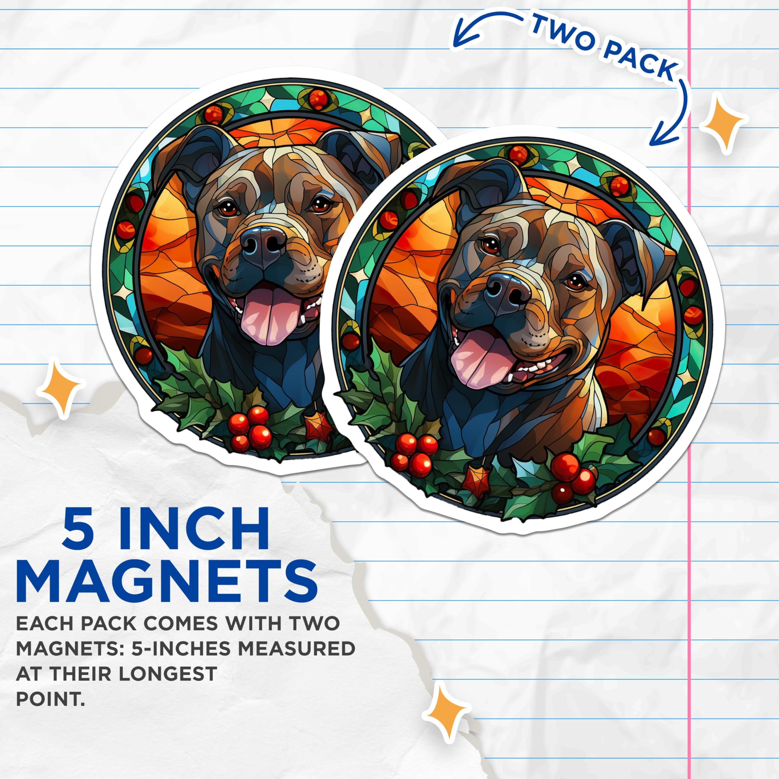 (2 Pack) Pitbull Christmas Stained Glass Magnets - Dog Mom Holiday Decor - Pet Parent Kitchen Art - 5 Inches On Longest Side - Thick Durable Magnet - Made in USA - MAG27098