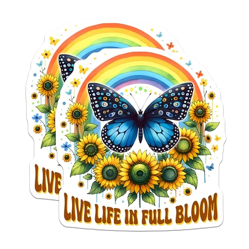 (2 Pack) Live Life in Full Bloom Stickers - Butterfly Sunflower Rainbow Stickers - Inspirational Quote Stickers - 5" On Longest Side - Sticks to Smooth Flat Surfaces - Made in USA - BMCS9745