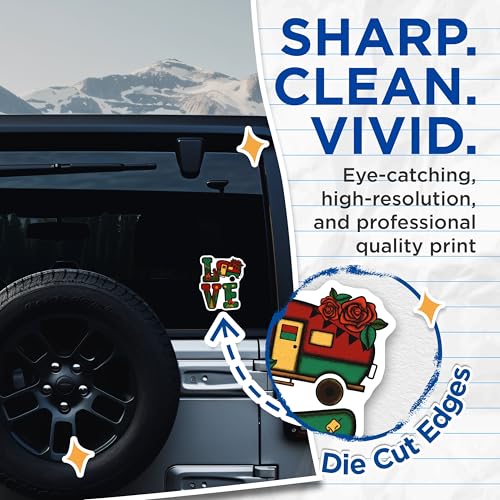 (2 Pack) Love Camping Stickers - Camper Van Adventure - Outdoor Campfire Sticker Pack - 5" On Longest Side - Sticks to Smooth Flat Surfaces - Made in USA - BMCS4177