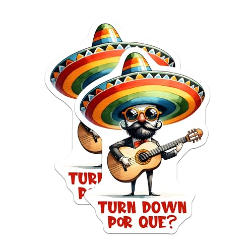 (2 Pack) Turn Down Por Que Stickers - Funny Mustache Guitar Player - Mexican Hat - 5" On Longest Side - Sticks to Smooth Flat Surfaces - Made in USA - BMCS8224