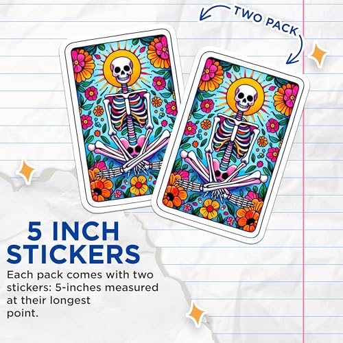 (2 Pack) Skeleton Flower Art Stickers - Day of The Dead - Colorful Skull Art - 5" On Longest Side - Sticks to Smooth Flat Surfaces - Made in USA - BMCS9411