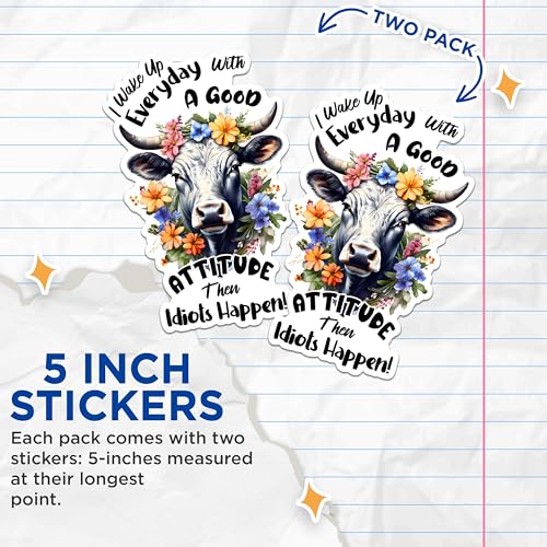 (2 Pack) Cow Attitude Stickers - Floral Cow Stickers - Funny Quote Stickers for Laptops and Water Bottles - 5" On Longest Side - Sticks to Any Smooth Flat Surface - Made in USA - BMCS2920