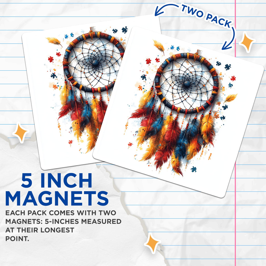 (2 Pack) Dreamcatcher Magnets - Autism Awareness Puzzle Piece Art - Bohemian Spiritual Decor - 5 Inches On Longest Side - Thick Durable Magnet - Made in USA - MAG24171