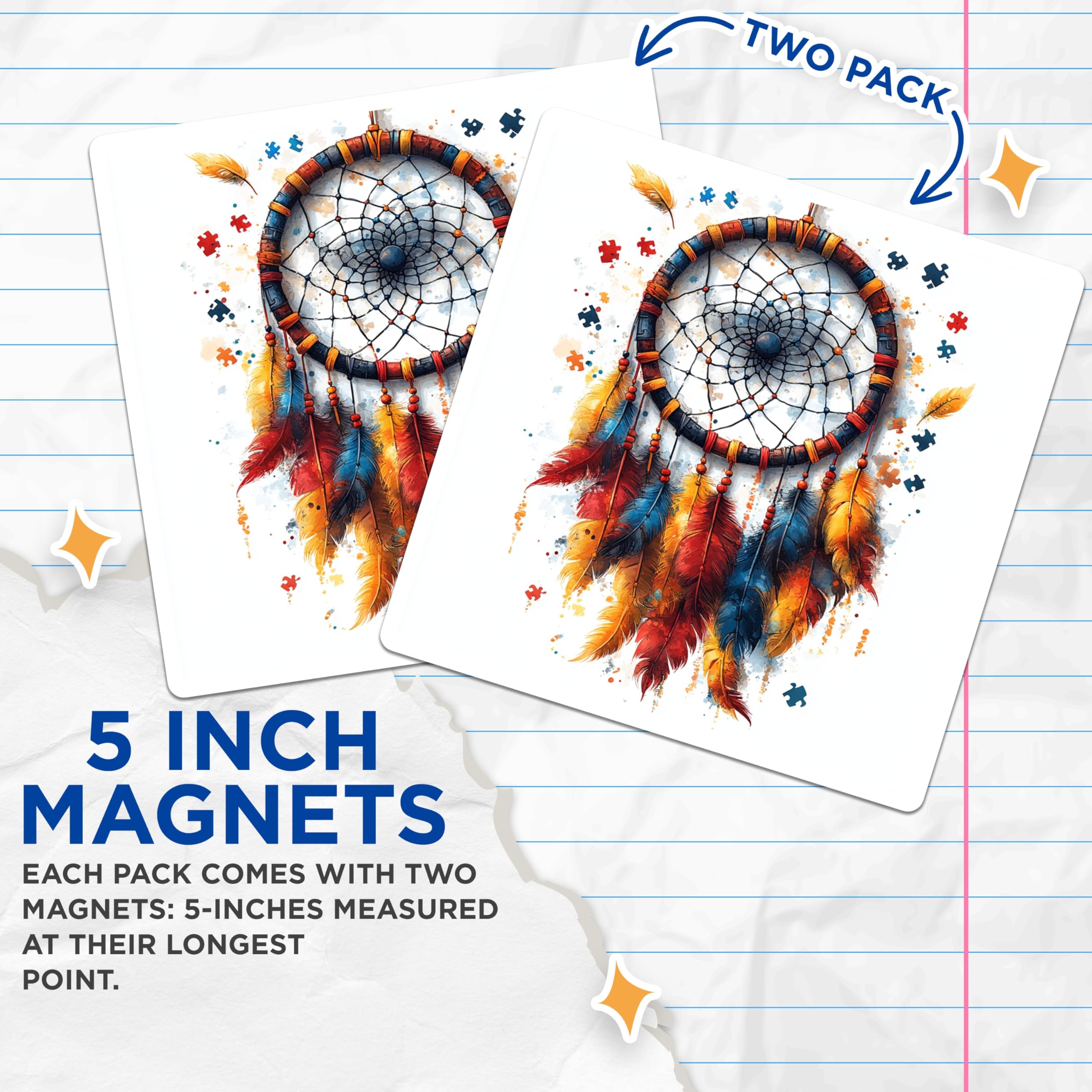(2 Pack) Dreamcatcher Magnets - Autism Awareness Puzzle Piece Art - Bohemian Spiritual Decor - 5 Inches On Longest Side - Thick Durable Magnet - Made in USA - MAG24171