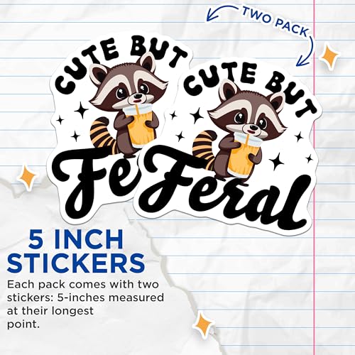 (2 Pack) Cute But Feral Stickers - Raccoon Drink Stickers - Adorable Animal Character Stickers - 5" On Longest Side - Sticks to Any Smooth Flat Surface - Made in USA - BMCS3410