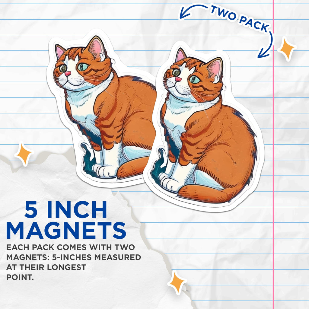 (2 Pack) Orange Cat Magnets - Cute Tabby Pet Lover - Refrigerator Decor Kitchen Accessory - 5 Inches On Longest Side - Thick Durable Magnet - Made in USA - MAG22644